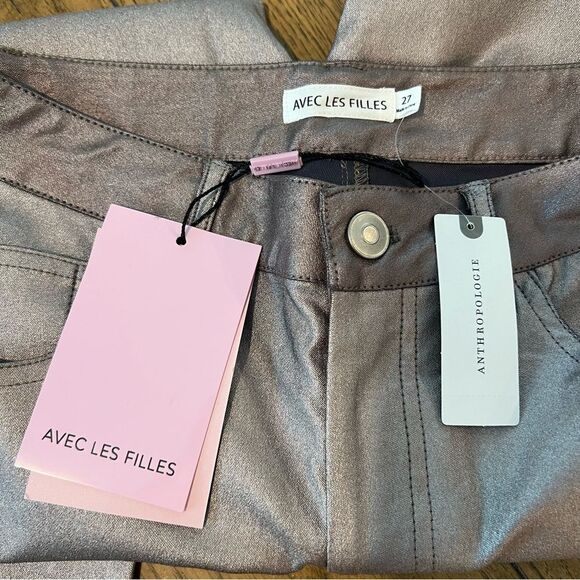 NWT Anthropologie/Avec Les Filles Metallic Straight Skinny Pant Silver Taupe 27 - Picture 6 of 12